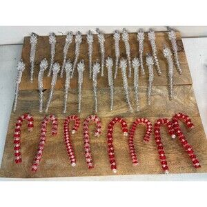 22 Vintage Christmas Clear Beaded Icicle Ornaments + 8 Candy Canes Handmade